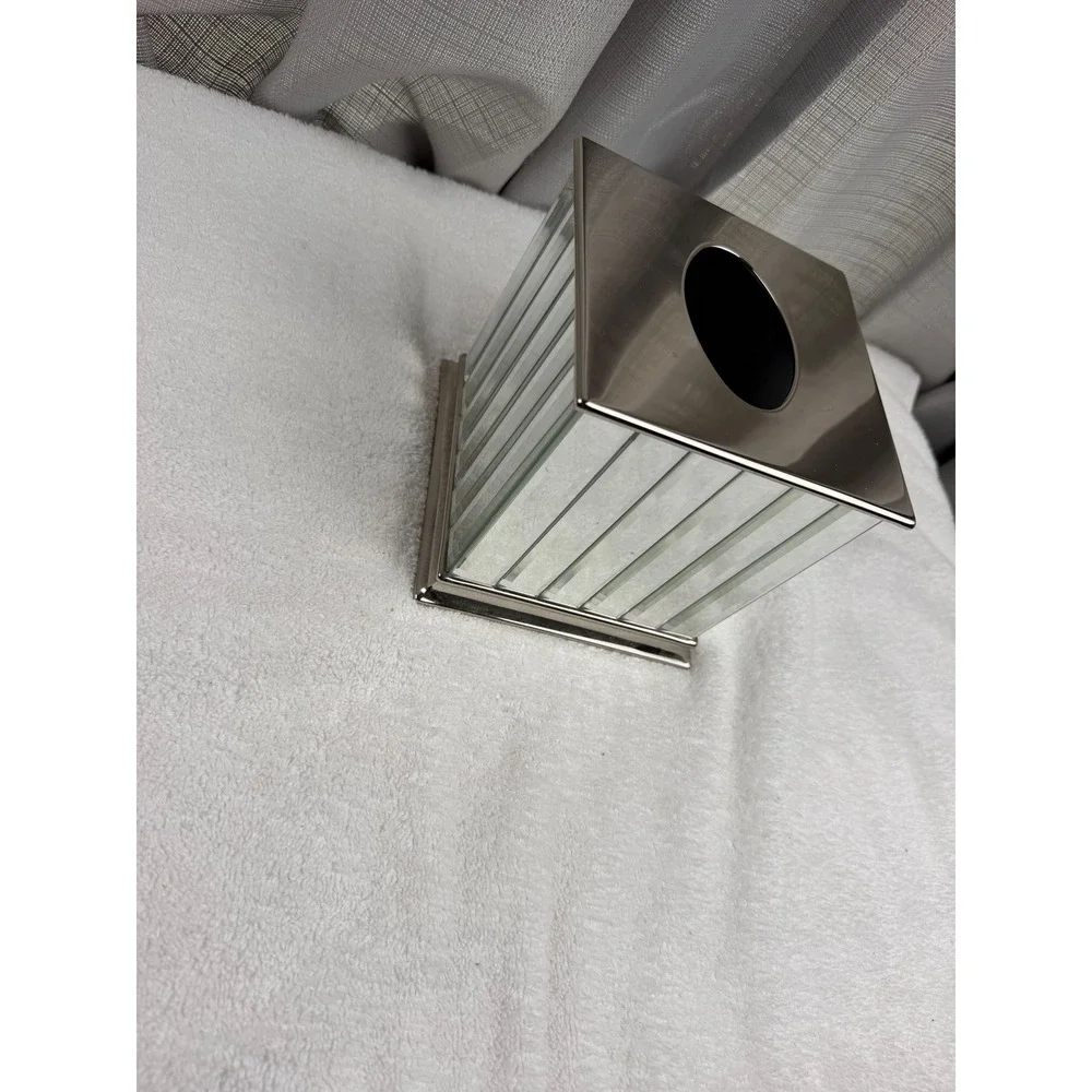 Fieldcrest Luxury Mirrored Beveled Glass Tissue Box Cover Silver Chrome Square